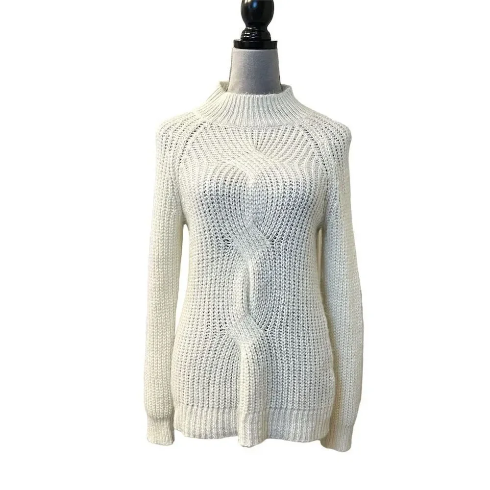Calvin Klein Women's Ivory Mock Neck Knit Pullover Fanny Sweater S Warm Cozy